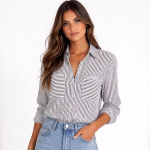 💜Express Portofino Slim Black and White Striped Button-Up